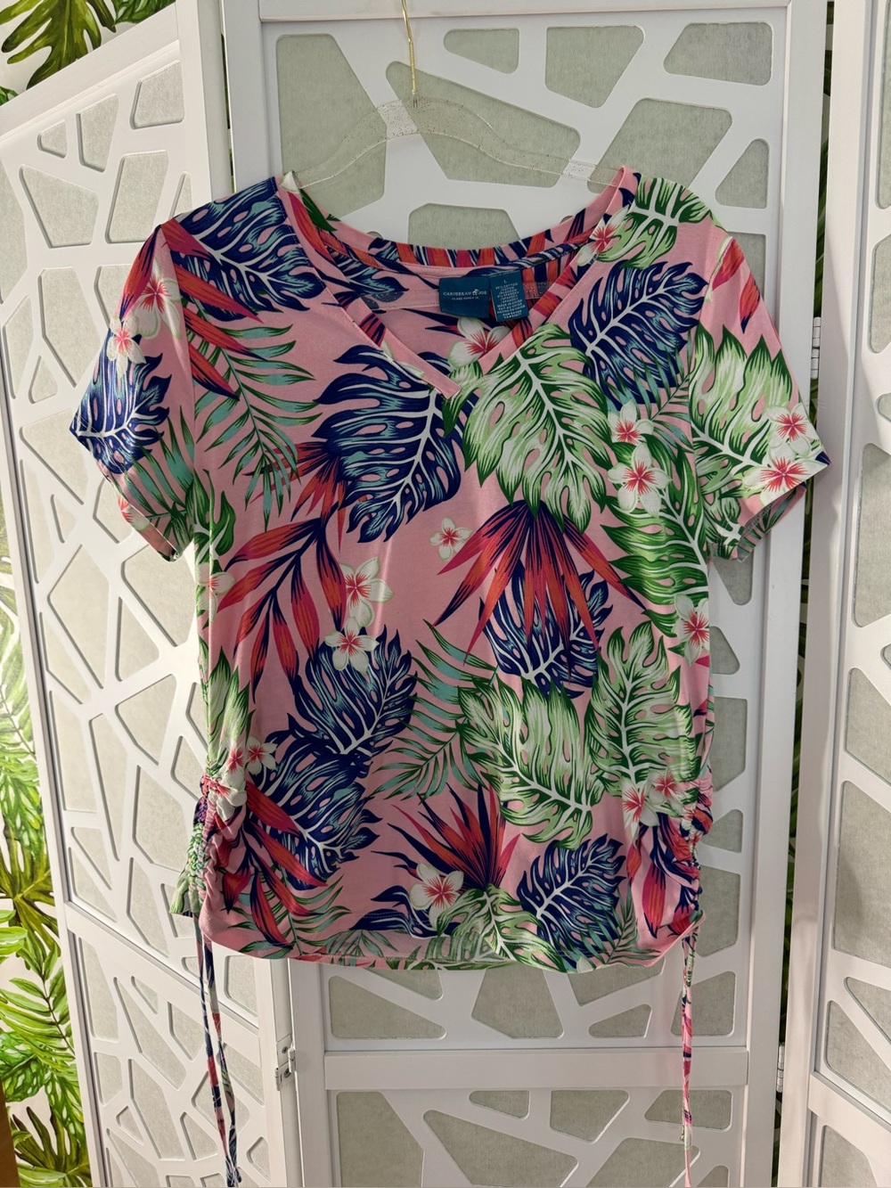 Caribbean Joe Pink Tropical Leaf Short Sleeve Tee with Green & Blue Print